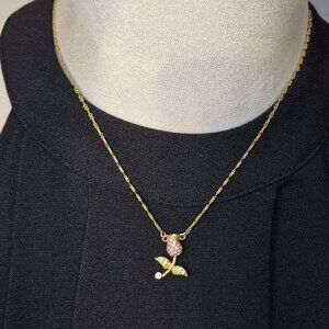 Vintage Butler Goldtone Green and Pink Sparkly Stone Tulip Necklace